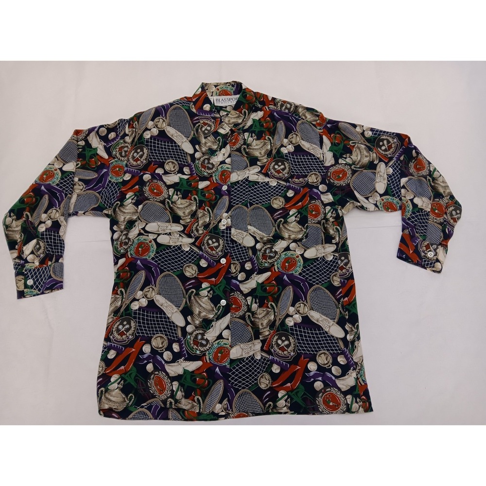 Blassport by Bill Blass Women's 100% Silk Tennis Print Button Down Shirt VTG